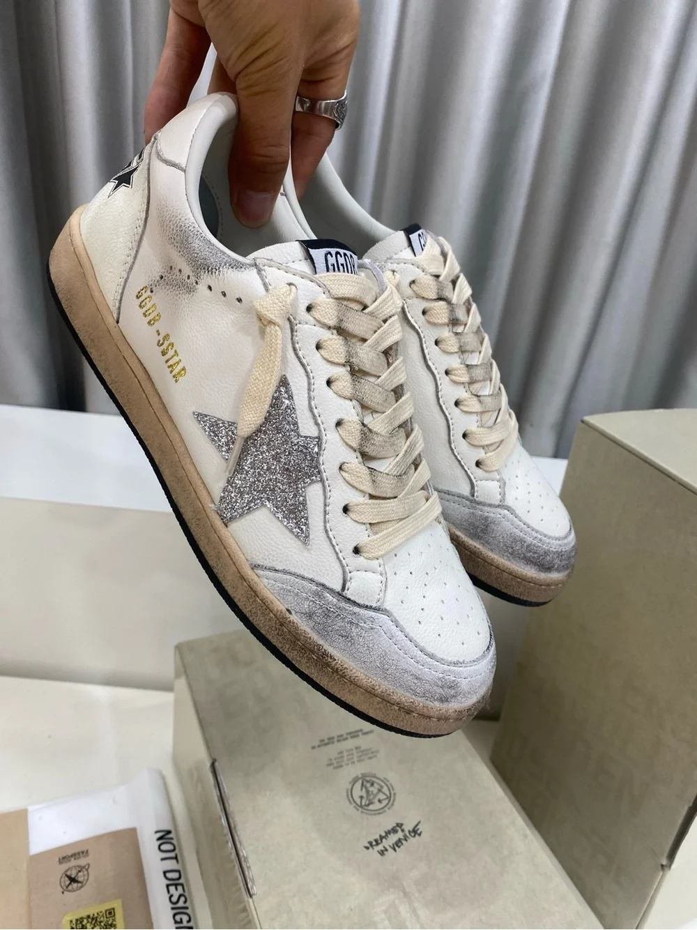 Golden Goose White Cream Sneakers with Silver Glitter Star
